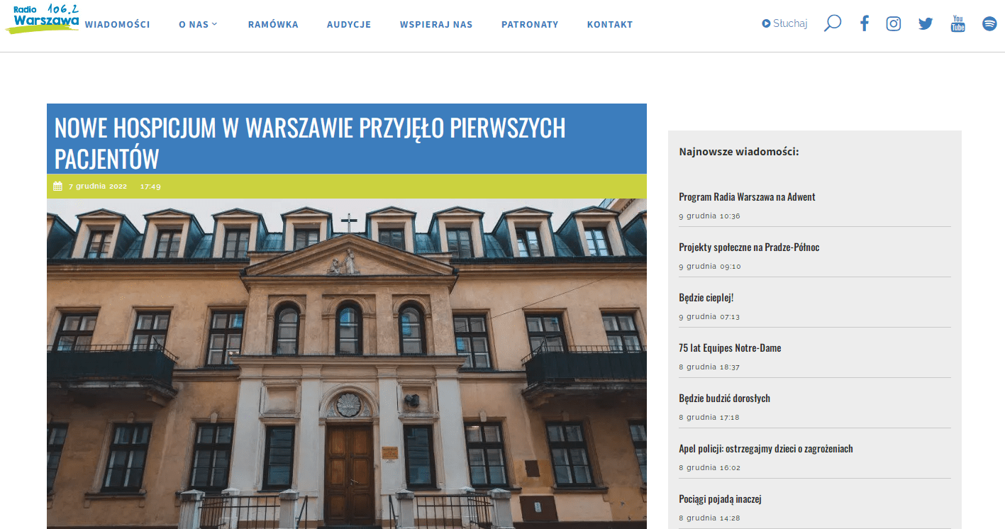 Notatka na stronie Radia Warszawa o otwarciu hospicjum